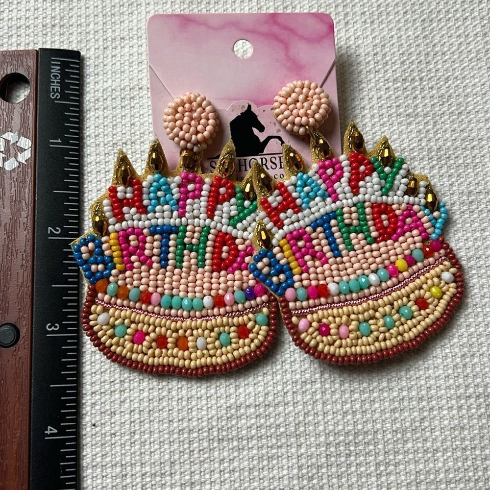 HAPPY BIRTHDAY, Birthday Cake Seed Bead Earrings